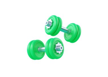 Dumbbell 3D render ikonu - yeşil fitness ekipmanı, basit spor halteri ve kas için uygun aksesuarlar. Sağlık hizmetleri illüstrasyonu, demir eğitim envanteri beyaz arka planda izole edildi