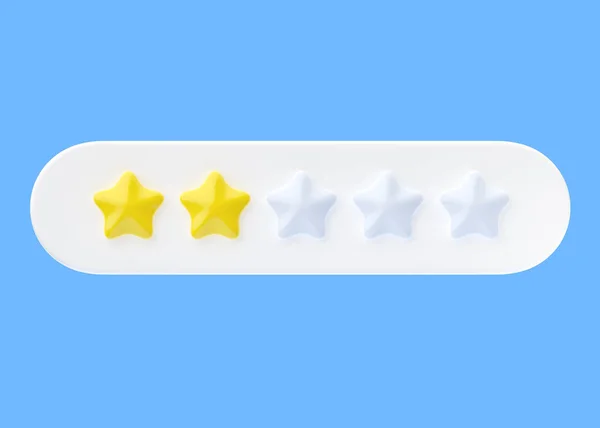 Review 3d render icon - 2 gold star customer bad quality review, rate experience service cartoon illustration. Two positive feedback, good reputation yellow sign isolated on blue background