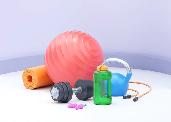 健康3D渲染说明 坚固的哑铃 现实的水瓶和适合球与水壶 瑜伽垫和其他训练配件的动力健康练习 体育生活方式概念 — 图库照片