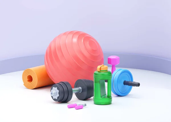 健康3D渲染说明 坚固的哑铃 现实的水瓶和适合球与水壶 瑜伽垫和其他训练配件的动力健康练习 体育生活方式概念 — 图库照片