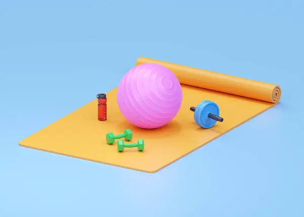 Fitness 3d render illustration - woman dumbbell, realistic water red bottle and pink fit ball on yellow yoga mat. Gym health care inventory and training accessories for exercise on blue background