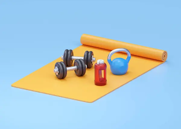 Fitness 3d render illustration - simple dumbbell, realistic water red bottle and minimal kettlebell. Gym health care inventory, iron training accessories for fit exercise on blue background