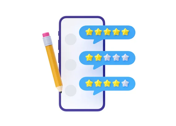 Rate 3d render illustration - costumer quality vote, mobile rate and client feedback with phone. Feedback service icon and ranking award concept isolated on blue background
