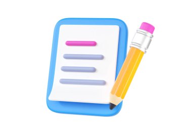 Metin içeren belge listesi olan 3d nota simgesi ve kalem. Medya canlandırması için kağıt içeren not defteri. İçerikli geri bildirim formu. Yaratıcı pano ve ofis kalemi beyaz arkaplanda izole edildi