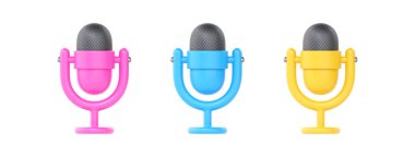 Podcast için 3d mikrofon simgesi, radyoda ya da canlı röportajda kullanılan müzik mikrofonu görüntüsü. Yayıncılık için hoş bir stüdyo konuşmacısı. Beyaz arkaplanda minimal biçimde izole edilmiş basit ses aygıtı