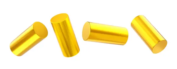 三维金属飞行圆筒 管座黄金平台 用于现场构图的管基座 白色背景上孤立的具有透视 逼真形状的黄色光柱 — 图库照片