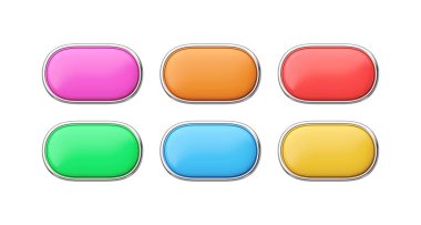 3d render düğmeleri - parlak web ögeleri, krom ve temiz tıklama sembollü uzun parlak etiket. Beyaz arkaplanda izole edilmiş web sayfası arayüzü için yuvarlak etiket koleksiyonu