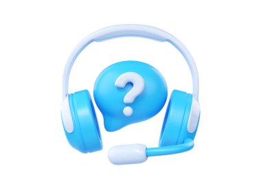 3D çağrı merkezi servis simgesi, mikrofonlu kulaklık ve müşteri yardımı için soru balonu çizimi. Mavi arkaplanda beyaz mikrofon ve mesaj kutusu izole edilmiş robot operatör kavramı