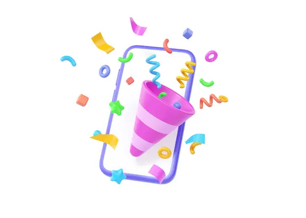 3D电话与Confetti 获奖者庆祝党的漫画渲染说明 有可爱生日爆炸的呼叫装置 白色背景下隔离应用电话横幅设计的问候 — 图库照片