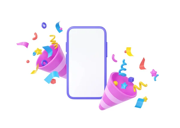 Konfetili 3D telefon, karikatür çizimi kutlaması. Doğum günü kutlamalı şirin bir akıllı telefon. Beyaz arkaplanda izole edilmiş uygulama için telefon afişi tasarımı üzerindeki selamlamalar