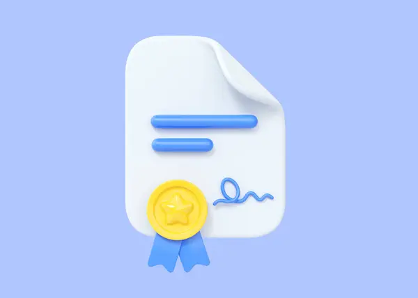3d diploma certificate icon - paper document or graduate list with yellow medal and ribbon. Student qualification. University grant or warranty object isolated on blue background