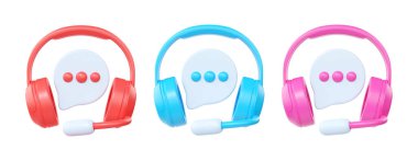 3D çağrı merkezi servis simgesi seti, mikrofonlu kulaklık ve müşteri yardımı için konuşma balonu çizimi. Beyaz arkaplanda mikrofon ve mesaj kutusu izole edilmiş çevrimiçi bot operatörü