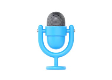 Podcast için 3d mikrofon simgesi, radyoda ya da canlı röportajda kullanılan müzik mikrofonu görüntüsü. Yayıncılık için hoş bir stüdyo konuşmacısı. Beyaz arkaplanda minimal biçimde izole edilmiş basit ses aygıtı