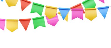 3D renkli bayrak, doğum günü ya da sirk için süsleme çelengi. Yaz festivali posteri, karnaval kurdele ipi. Çocuk festivali beyaz arka planda izole edilmiş element ve mutluluk işareti temasını kutladı