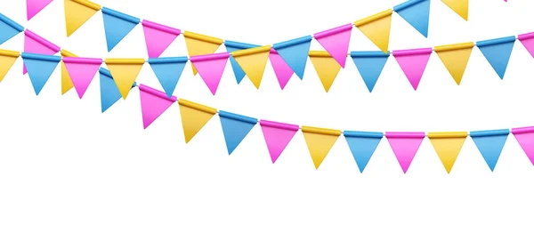 3d party bunting colorful banner, decoration garland for birthday or shop event. Summer fair poster, carnival rope. Kids festival celebrate element and happy sign theme isolated on white background
