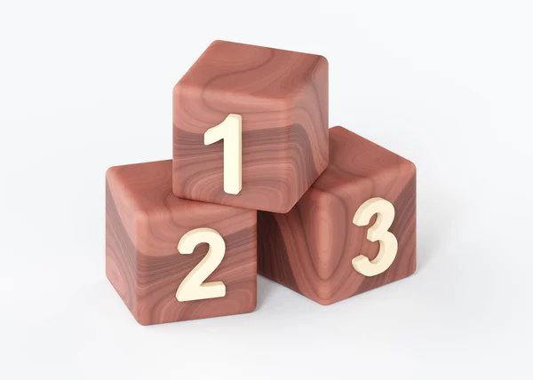 3d wooden cube toy, number block for kid or baby game for preschool years. Child wood bricks for study, funny render objects for learning isolated on white background