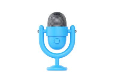 Podcast için 3d mikrofon simgesi, radyoda ya da canlı röportajda kullanılan müzik mikrofonu görüntüsü. Ses ve yayın için hoş bir konuşmacı. Beyaz arkaplanda minimal biçimde izole edilmiş basit ses aygıtı