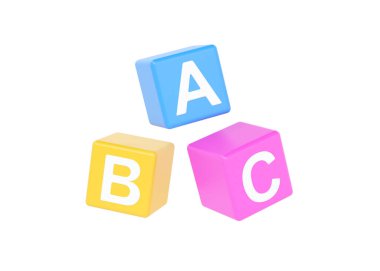 Çocuklar için 3 boyutlu oyuncak, oynamak için alfabe bloğu. Çocuk renkli kutu çizimi, anaokulu eğitim kareleri. Beyaz arka planda izole edilmiş çocuklar için harflerle dolu plastik kreş tuğlası.
