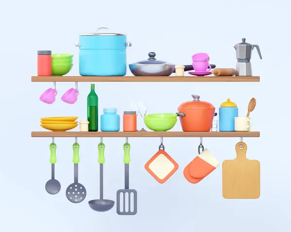 Kitchen shelf with cookware 3d render illustration. Jar, bowl and bottle arrange on kitchenware shelves. Tableware for dishes, cook tools stack on wooden plates - mugs, container, and pot