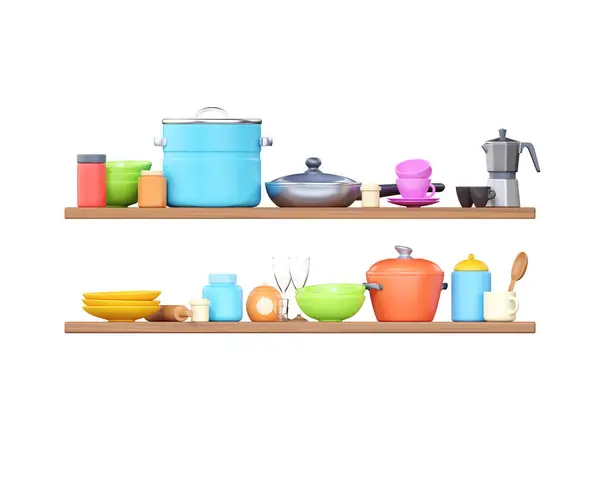 Kitchen shelf on wall with cookware 3d render illustration. Bowl, jar and bottle arrange on kitchenware shelves Tableware for dishes, cook tools stack on wooden plates - mugs, container, and pot