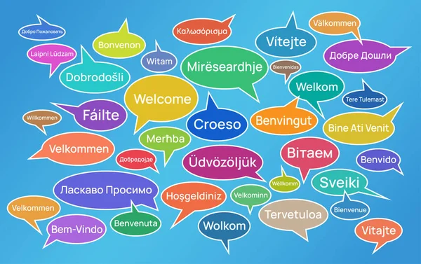 Mavi arka planda Avrupa dillerine çevrilmiş renkli vektör illüstrasyonu