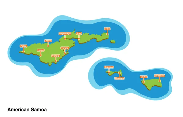 3D vektör, şehirleri ve köyleri olan Amerikan Samoa adalarının renkli turistik haritasını çizdi