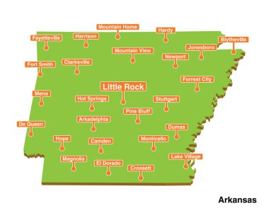 3d vektörü, Arkansas eyaletinin renkli turistik haritasını şehirlerle çizdi