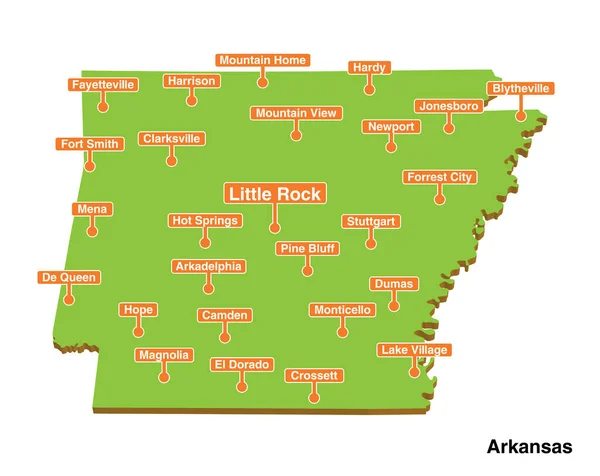 3d vektörü, Arkansas eyaletinin renkli turistik haritasını şehirlerle çizdi