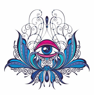 Vektör süs Lotus çiçeği, all-gören göz, Hint paisley desenli. Elle çizilmiş şekil. Davet öğesi. Dövme, Astroloji, simya, boho ve büyü sembolü. Boyama kitabı yetişkinler için.