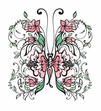 Butterfly symbol.Butterfly decorated with various flowers