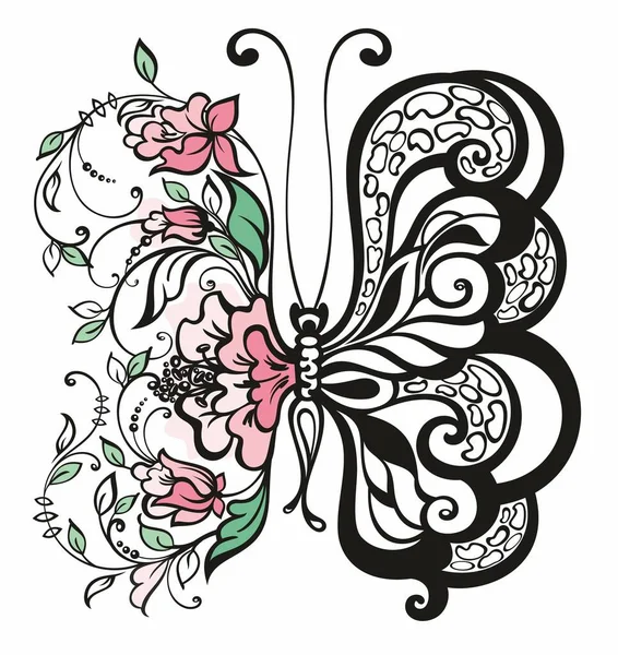 装飾デザインのための白い背景に君主蝶の輪郭の花の近代的なパターン クローズアップデザイン要素黒蝶 — ストックベクタ