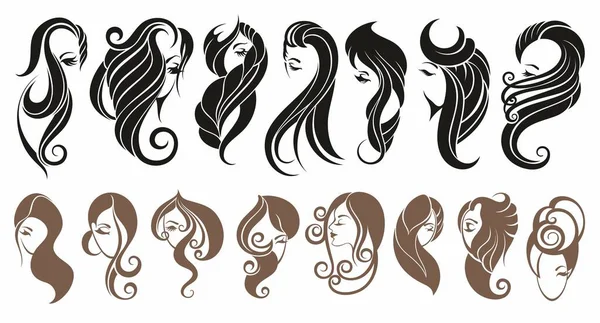 Uzun Saçlı Güzel Kızlar Farklı Saç Tiplerinin Vektör Illüstrasyonu — Stok Vektör