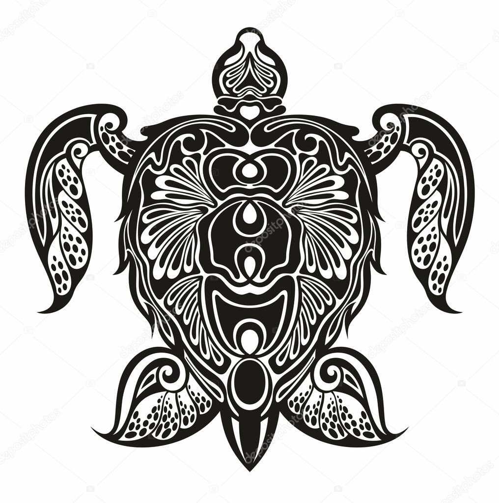 Decorative polynesian turtle tattoo, tribal design pattern, isolated vector shape
