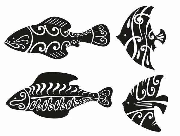 Stammesfische Sammlung Ethnischer Tropischer Unterwasserfische Polynesische Meeresbewohner Tätowierung Vektorillustration Hawaiianischer — Stockvektor