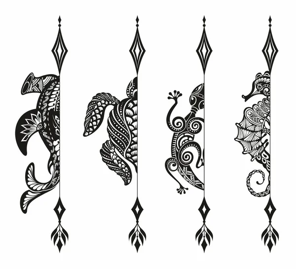 カメの海 トカゲ シーホース 矢印とサメ 矢印成功マスコットベクトルロゴデザイン — ストックベクタ