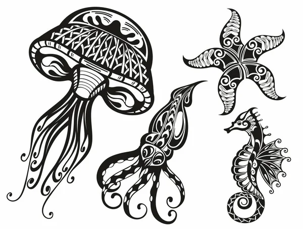 Set Vector Illustrations Sea Animals Cute Illustrations Phrases Poster Greeting — Stock Vector