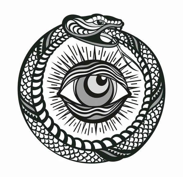 Tattoo All Seeing Eye Snake Knot Inglés Símbolo Masónico Dibujado — Vector de stock
