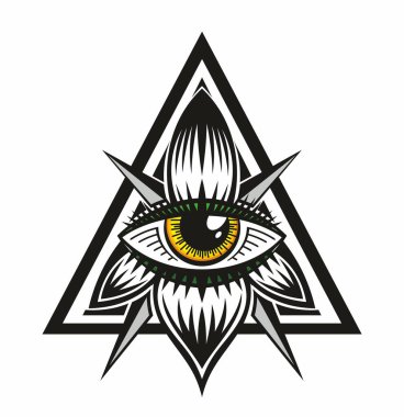 Tüm gören göz vektörü, aydınlatma ışınlı illuminati sembolü, beyaz arkaplanda izole edilmiş dövme tasarımı