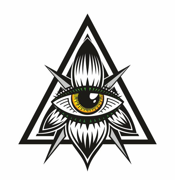All seeing eye vector, illuminati symbol in triangle with light ray, tattoo design isolated on white background