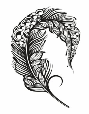 Tüy. Vektör Siyah ve Beyaz Tüy Deseni, el çizimi biçimi, vektör illüstrasyonu.