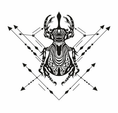 Böcek dövmesi. Böcek dövmesi. Böcek. Sonsuz yaşamın sembolü, diriliş, diriliş. Siyah beyaz çizim. Vektör dövmesi