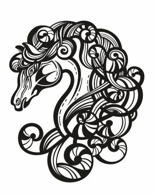 Bir atın vektör silueti. Kıvırcık saçlı at kafası.