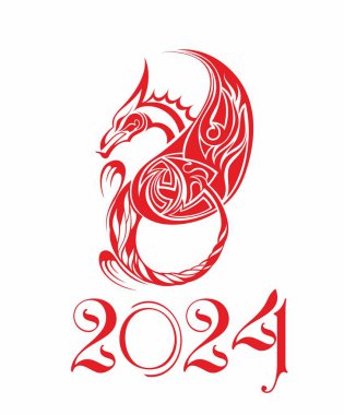 Mutlu Çin Yeni Yılı 2024. Çin ejderhası zodyak işareti. Asyalı bayram tebrik kartı. 