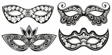 Bir grup karnaval maskesi silueti. Maskeli balo maskeleri, parti, geçit töreni ve karnaval için, Mardi Gras ve Cadılar Bayramı için. Maske ögeleri izole edilmiş işaret, sembol veya simge olarak kullanılabilir.
