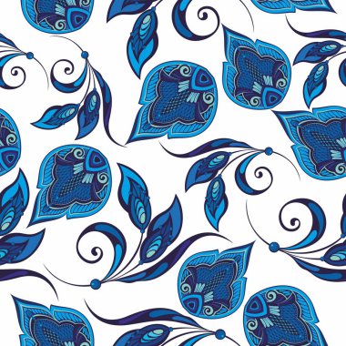 Çiçeksiz desenler. Papatya çiçekleri mavi renkte. Çizim düz çizim. Botanik arkaplan.