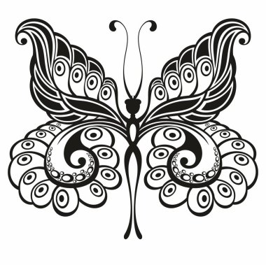 Kelebek siyah ve beyaz kanatlar. Dövme silueti. Vektör grafiği 