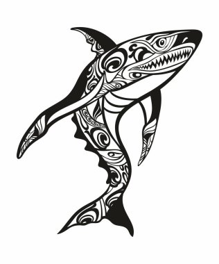 Beyaz arka planda çirkin bir köpekbalığı dövmesi.