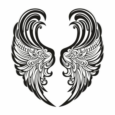 Bir çift kuş kanadı. Meleğim. Dövme için vektör çizimi. Ahşap oyma elementi