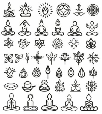 Beyaz arka planda yoga siluetleri. Yoga sembollerinin vektör çizimi. Meditasyon silueti, Yoga simgesi şablonu düzenlenebilir renk. 