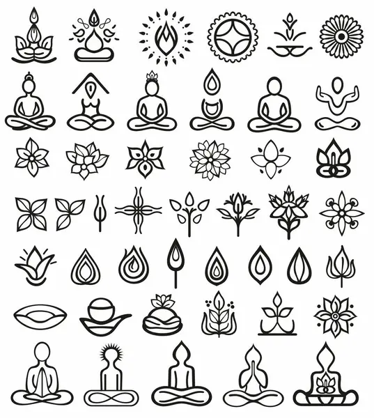 Beyaz arka planda yoga siluetleri. Yoga sembollerinin vektör çizimi. Meditasyon silueti, Yoga simgesi şablonu düzenlenebilir renk. 
